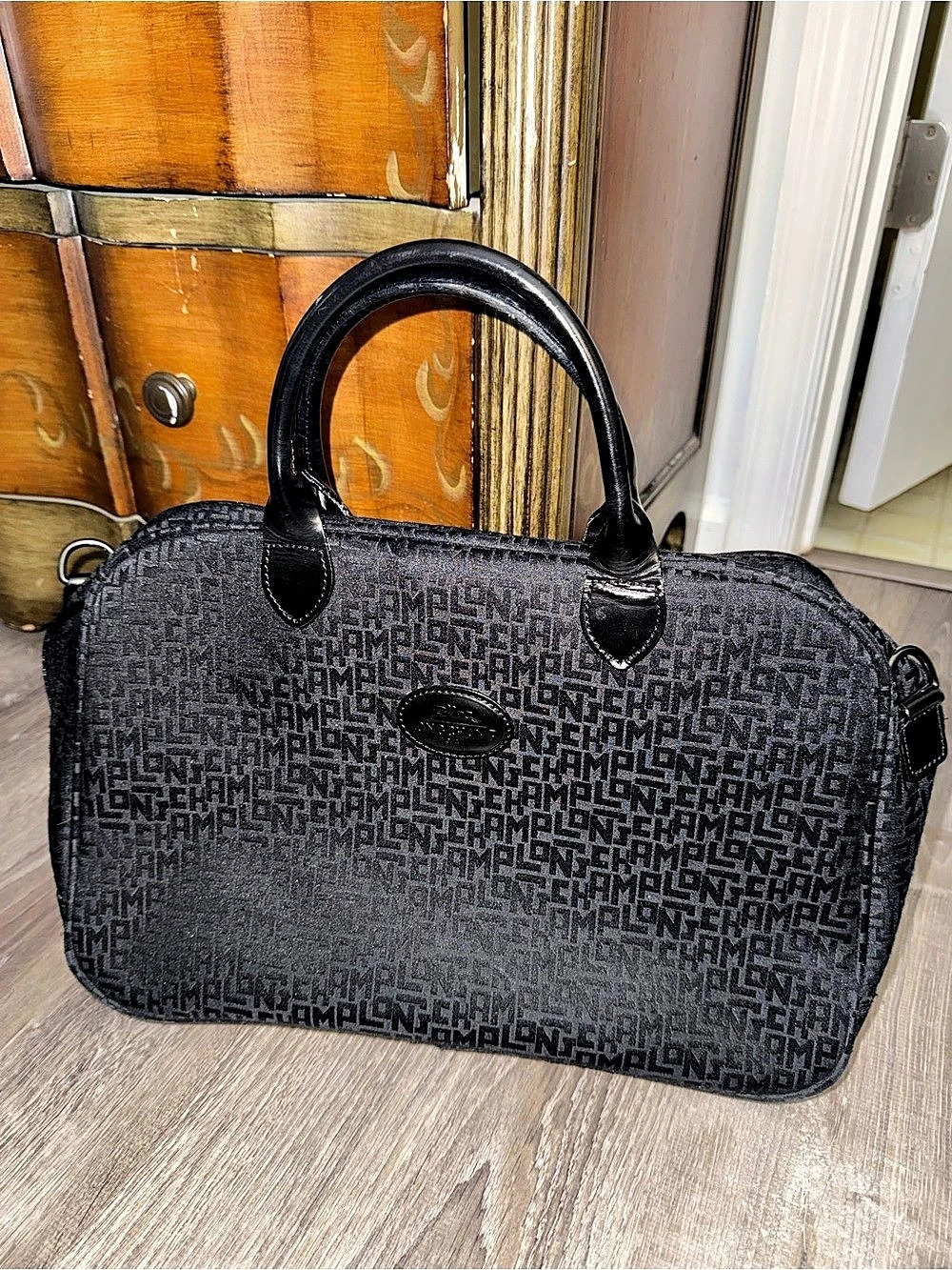 Longchamp Monogram Canvas Logo Travel Duffel Bag Black